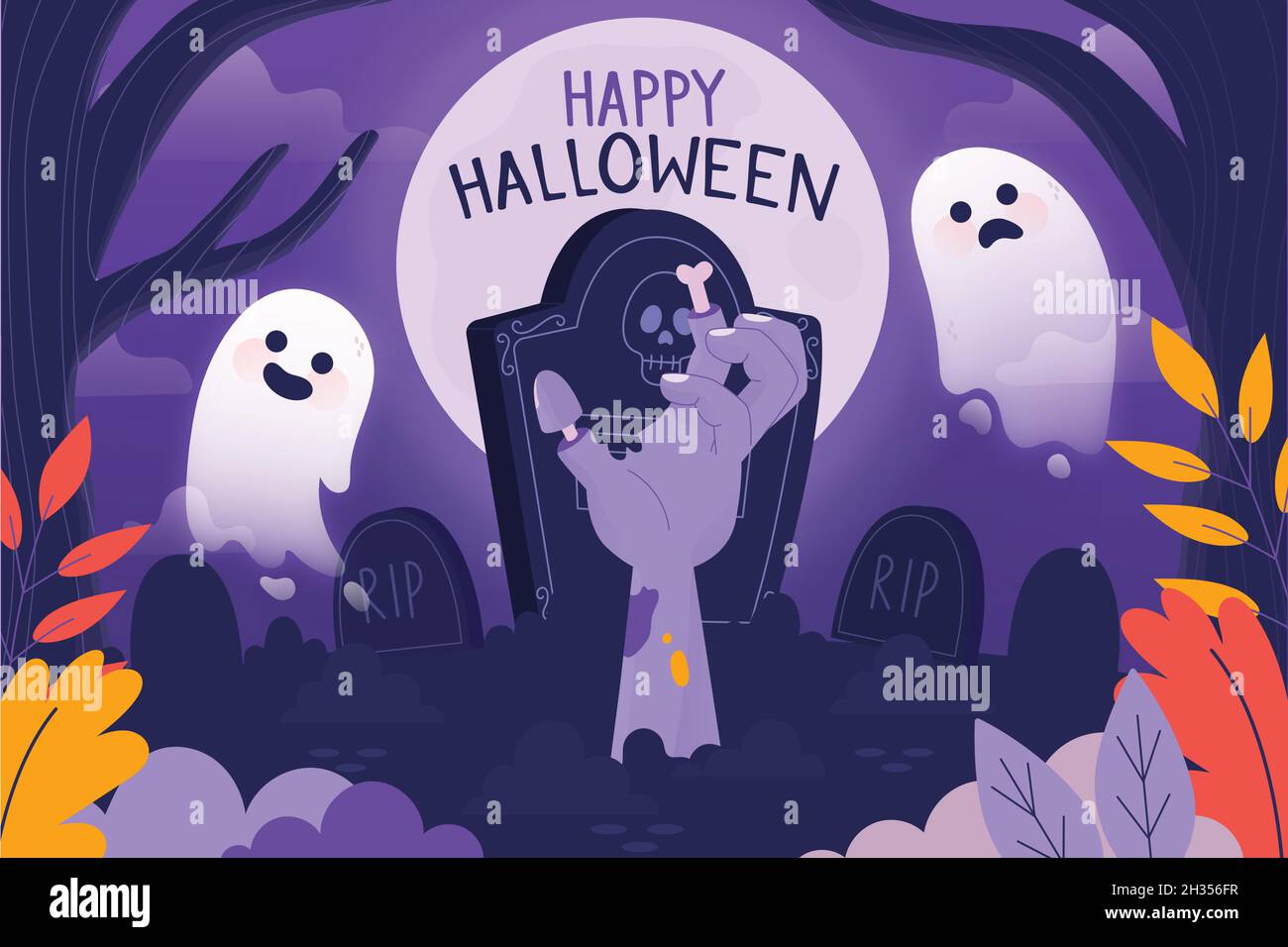 hand drawn happy halloween background with ghosts Stock Vector