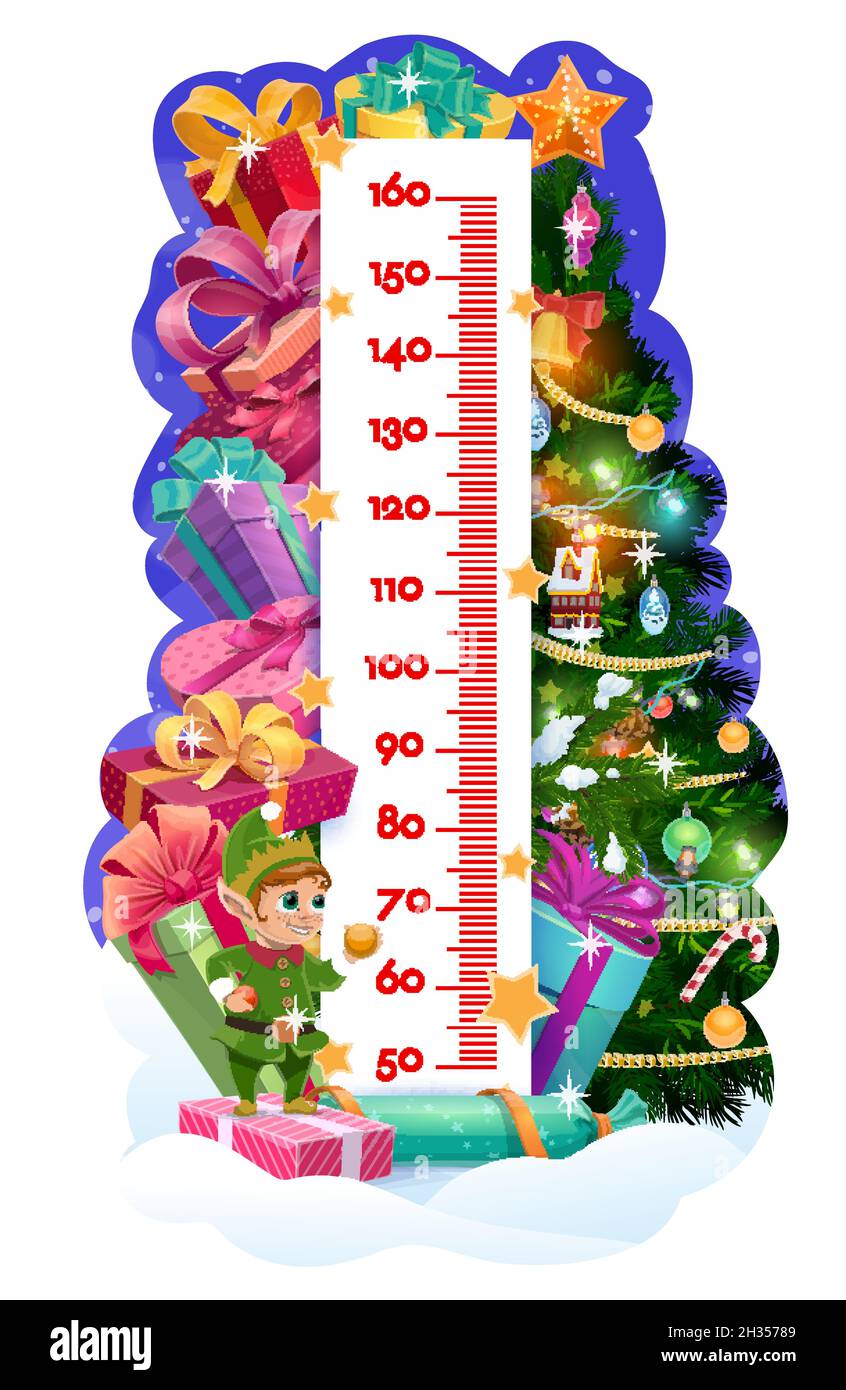 Kids height chart, Christmas tree and gifts, vector growth measure