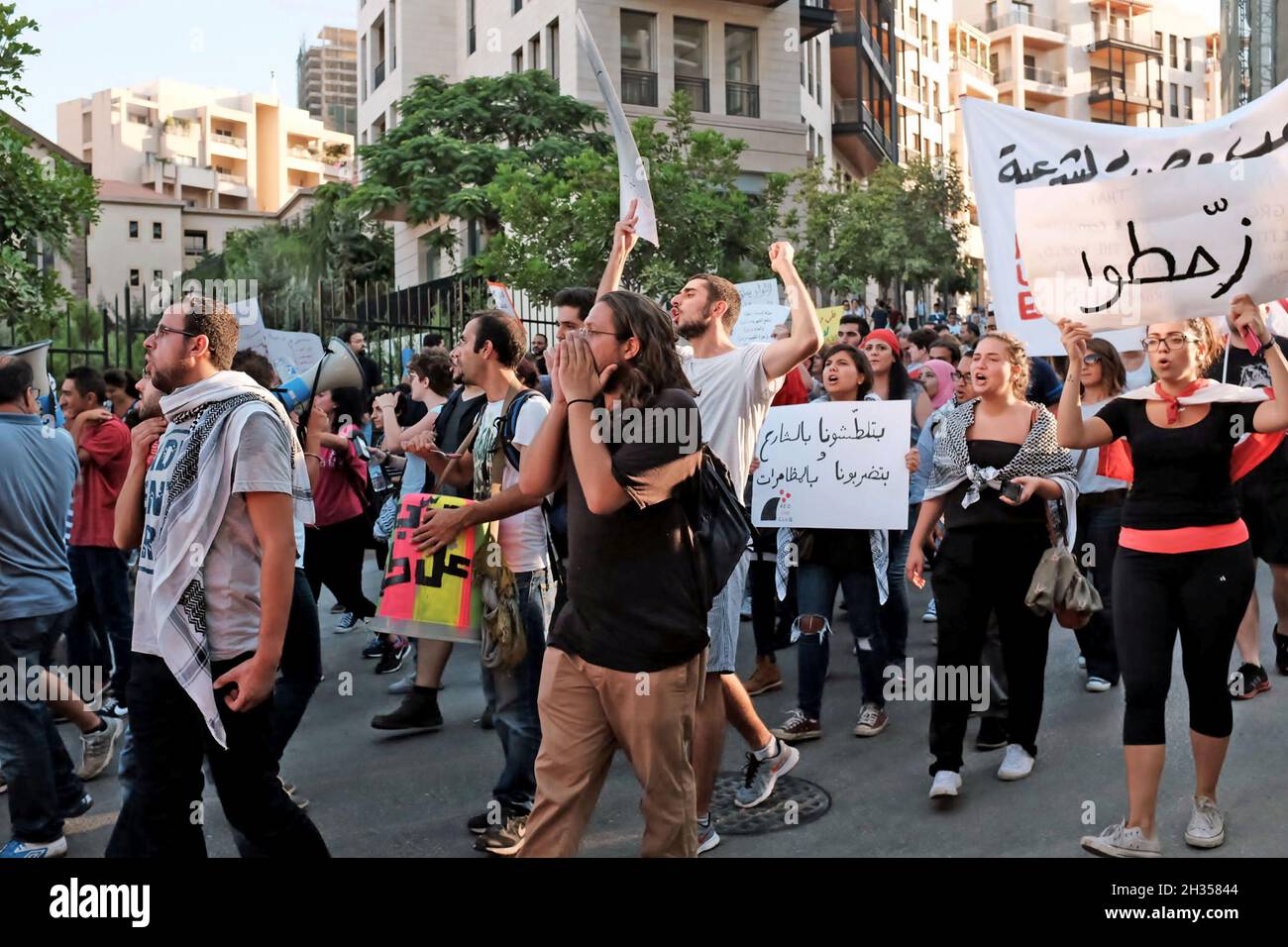 Protesters march through the streets of Beirut, Lebanon, a common scene due to the rampant government corruption. Stock Photo