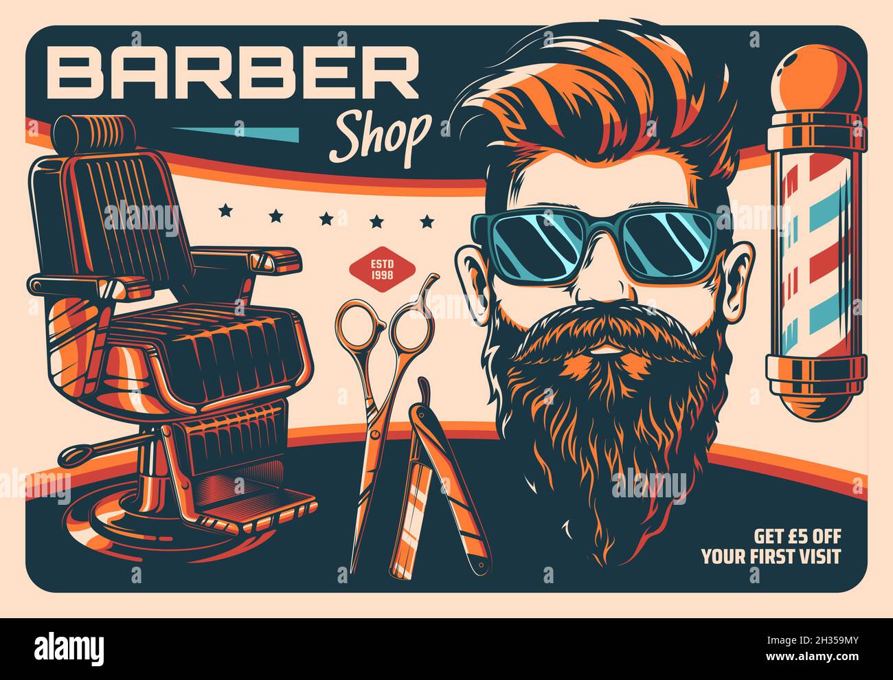and hairdressing salon retro poster. Gentlemen hair stylist