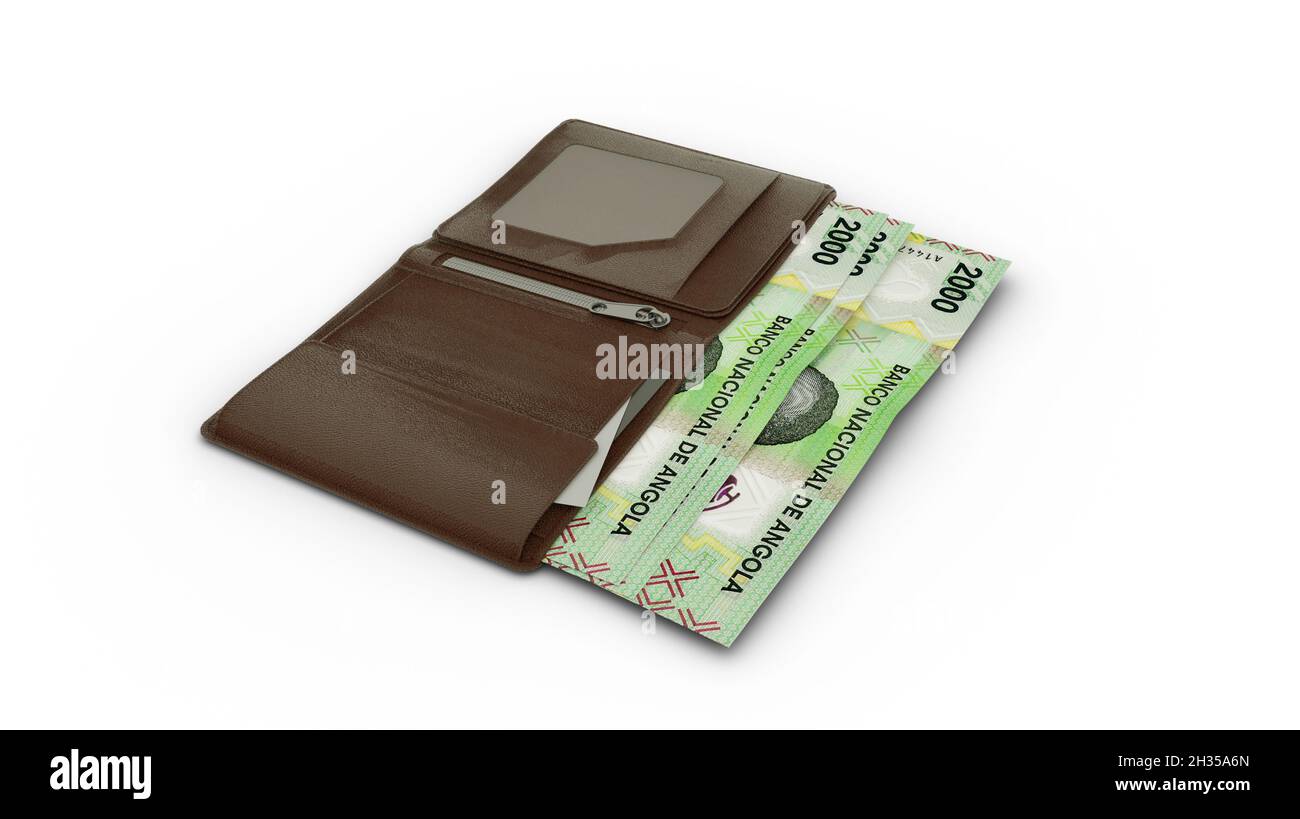 3D rendering of Angolan Kwanza notes in wallet Stock Photo