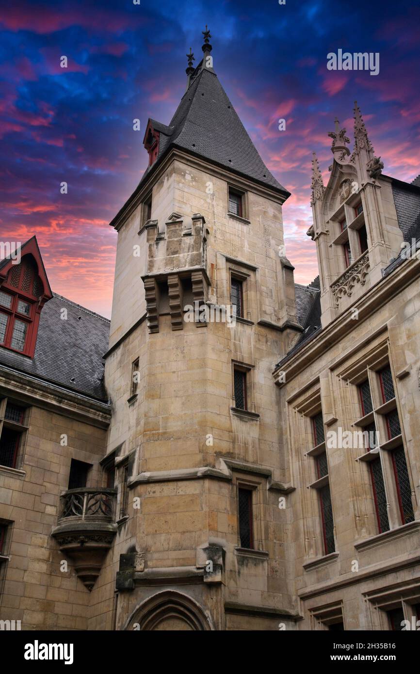 Ancient gothic style house or chateau, close up of tower and windows Stock Photo