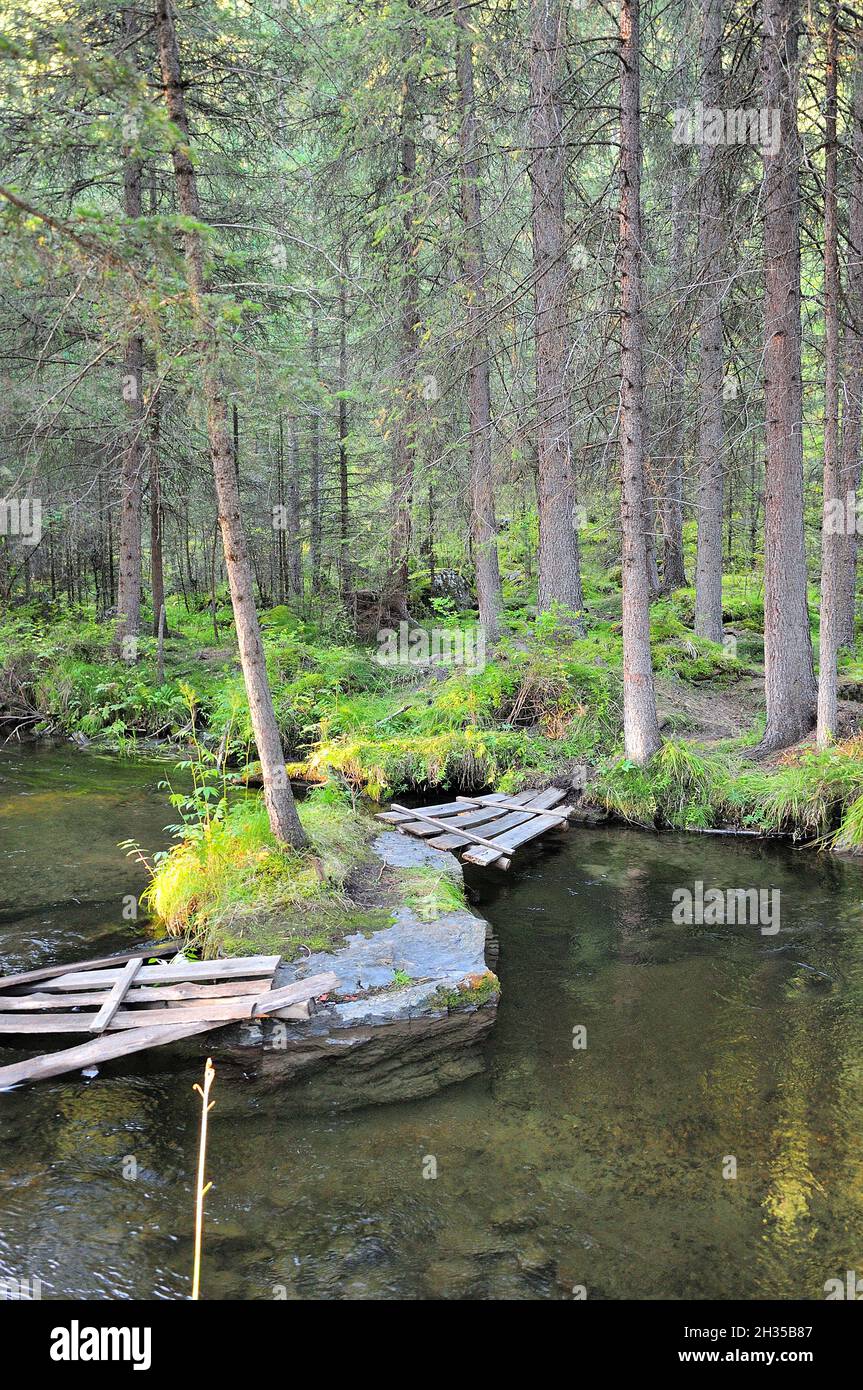 An old wooden bridge made of logs across a calm river flowing in the ...