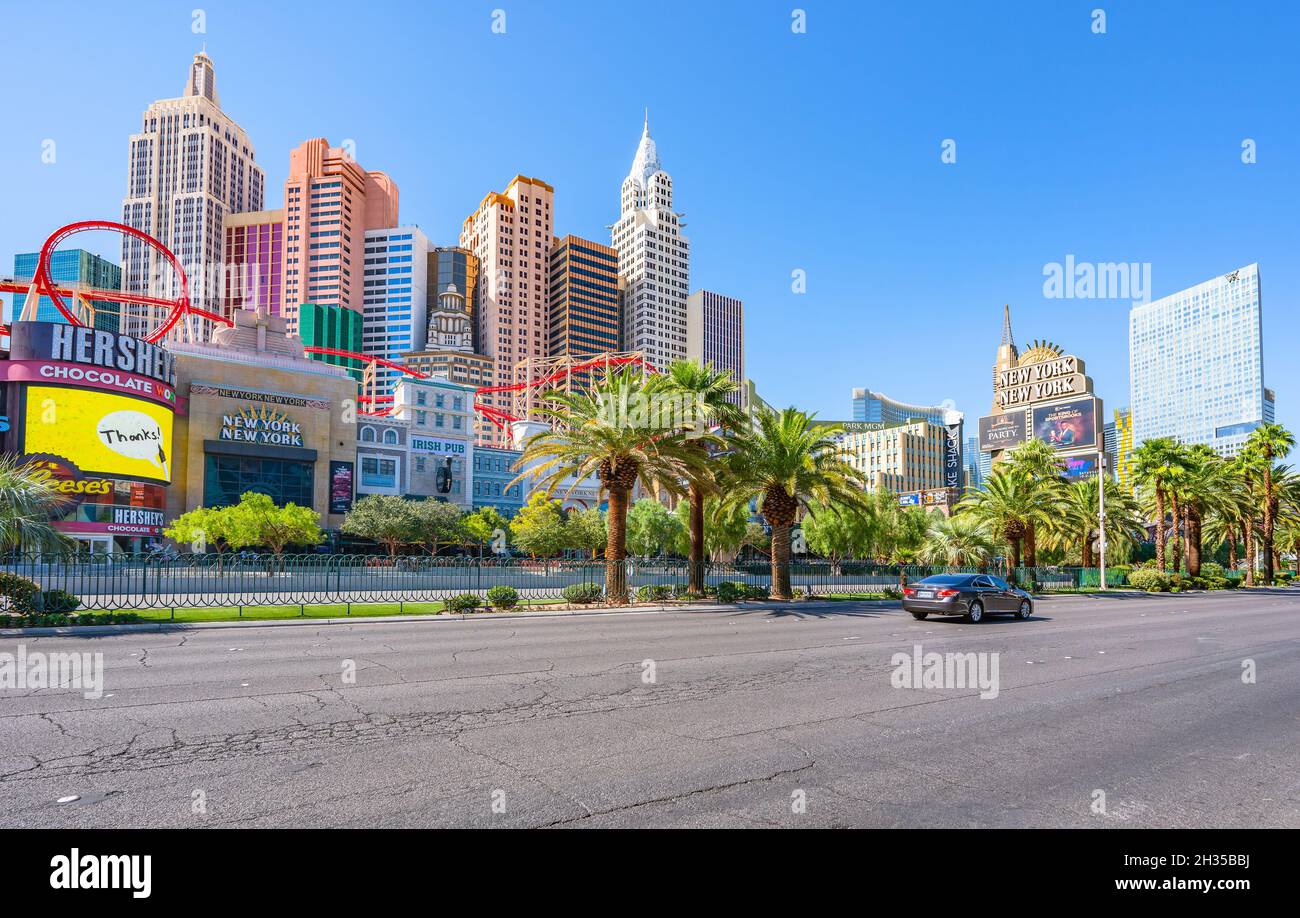 Las Vegas, Nevada, USA - October 1, 2021   New York-New York Hotel and Casino in the center of Las Vegas Strip. Architecture, street view, bright blue Stock Photo