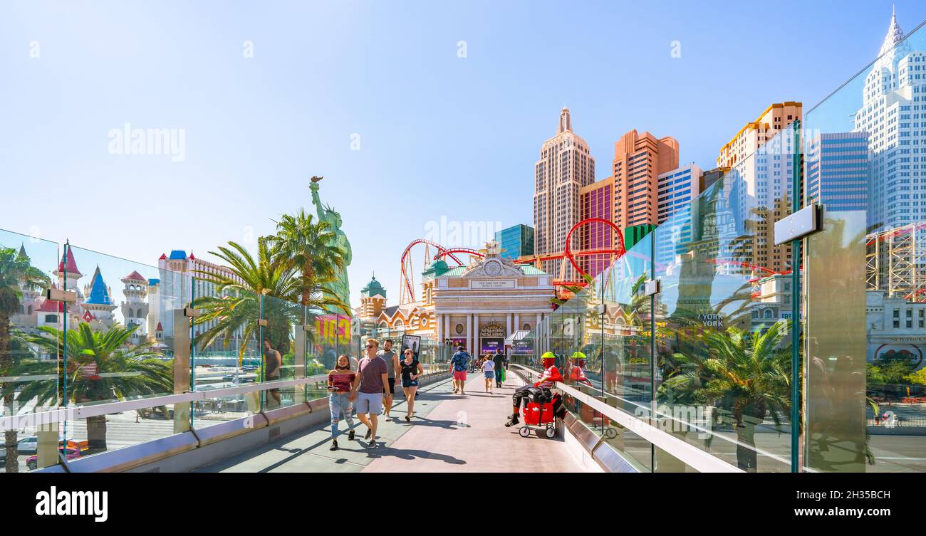 Las Vegas, Nevada, USA - October 1, 2021   New York-New York Hotel and Casino in the center of Las Vegas Strip. Architecture, people, street view Stock Photo