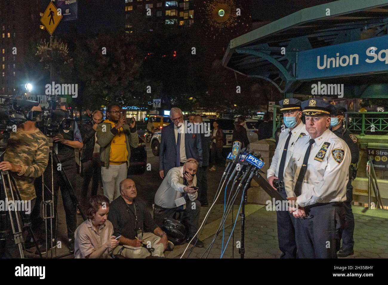 NEW YORK, NY – OCTOBER 25: New York Police Transit Bureau Assistant Chief Coogan speaks during a press conference outside the Union Square subway station on October 25, 2021 in New York City.   A Man was shot in the leg during attempted robbery for cell phone on northbound N train as it approached Union Square station just before 5 p.m. The 42-year-old man, according to NYPD, was shot because he did not act fast enough. The victim was taken to Bellevue in stable condition.  The suspect as he fled the train and station. Stock Photo