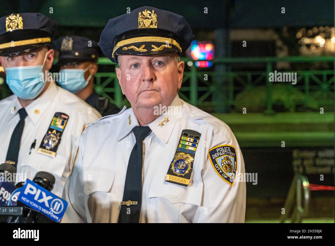 NEW YORK, NY – OCTOBER 25: New York Police Transit Bureau Assistant Chief  Coogan speaks during a press conference outside the Union Square subway  station on October 25, 2021 in New York