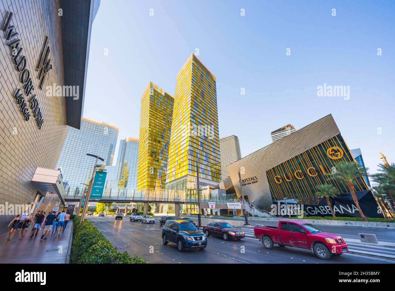 Las Vegas, Nevada, USA - October 1, 2021   Downtown Las Vegas. Modern residential buildings, and and Aria Resort and Casino, street view Stock Photo
