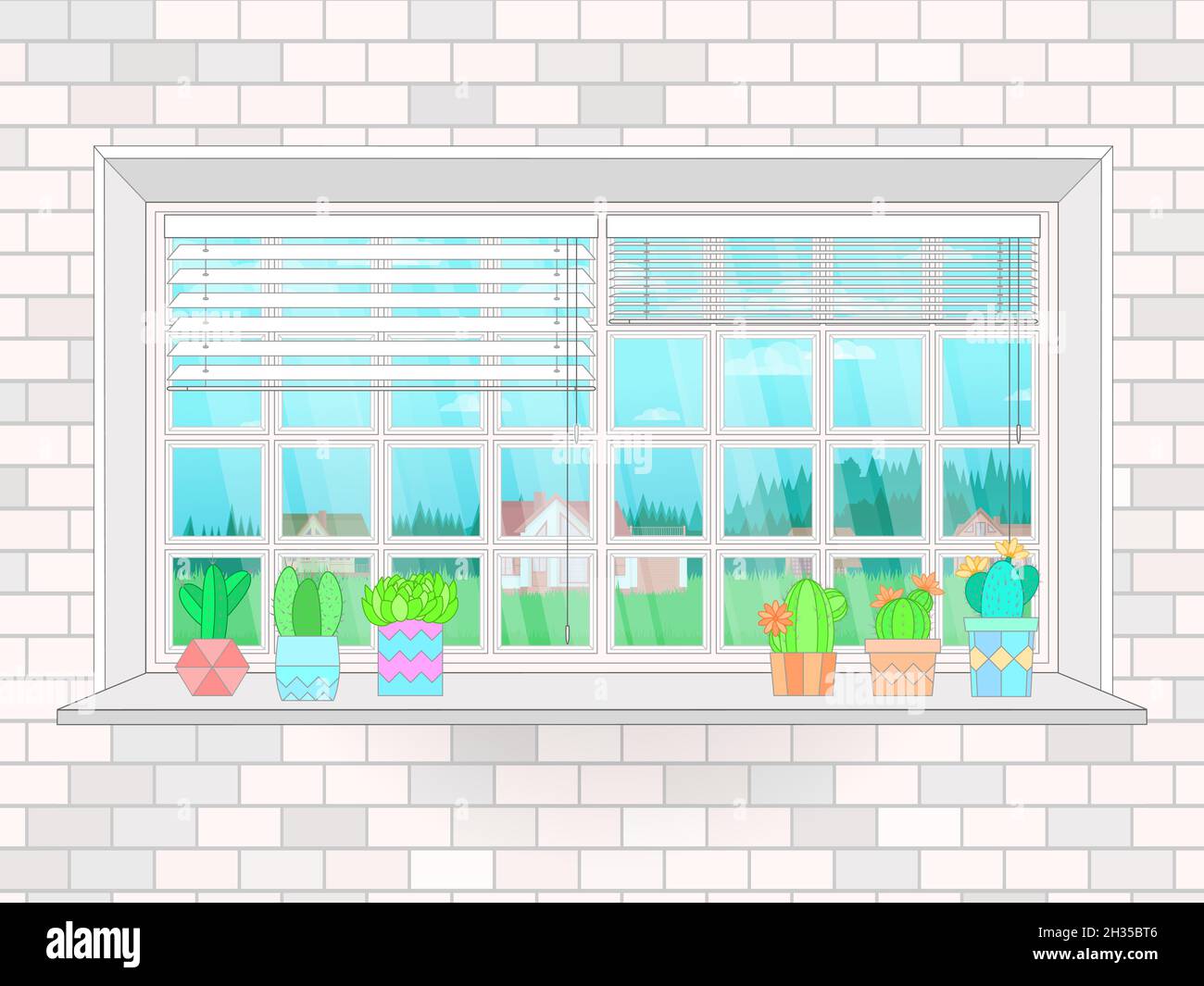 Illustration with window, cacti in pots and landscape outside the window. Flat style. Vector. Stock Vector