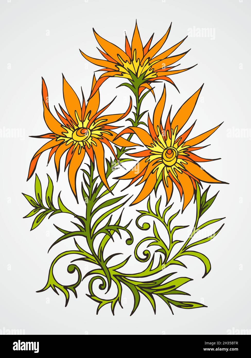 Vector hand drawn illustration with flowers. In orange and green colors ...