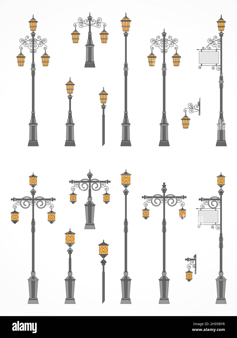 Vector set of street lights. Collection in flat style. Сolorful Stock