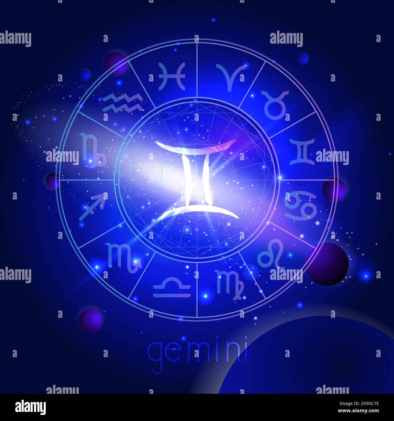 Vector illustration of sign GEMINI with Horoscope circle against the space background with planets and stars. Sacred symbols in blue colors. Stock Vector