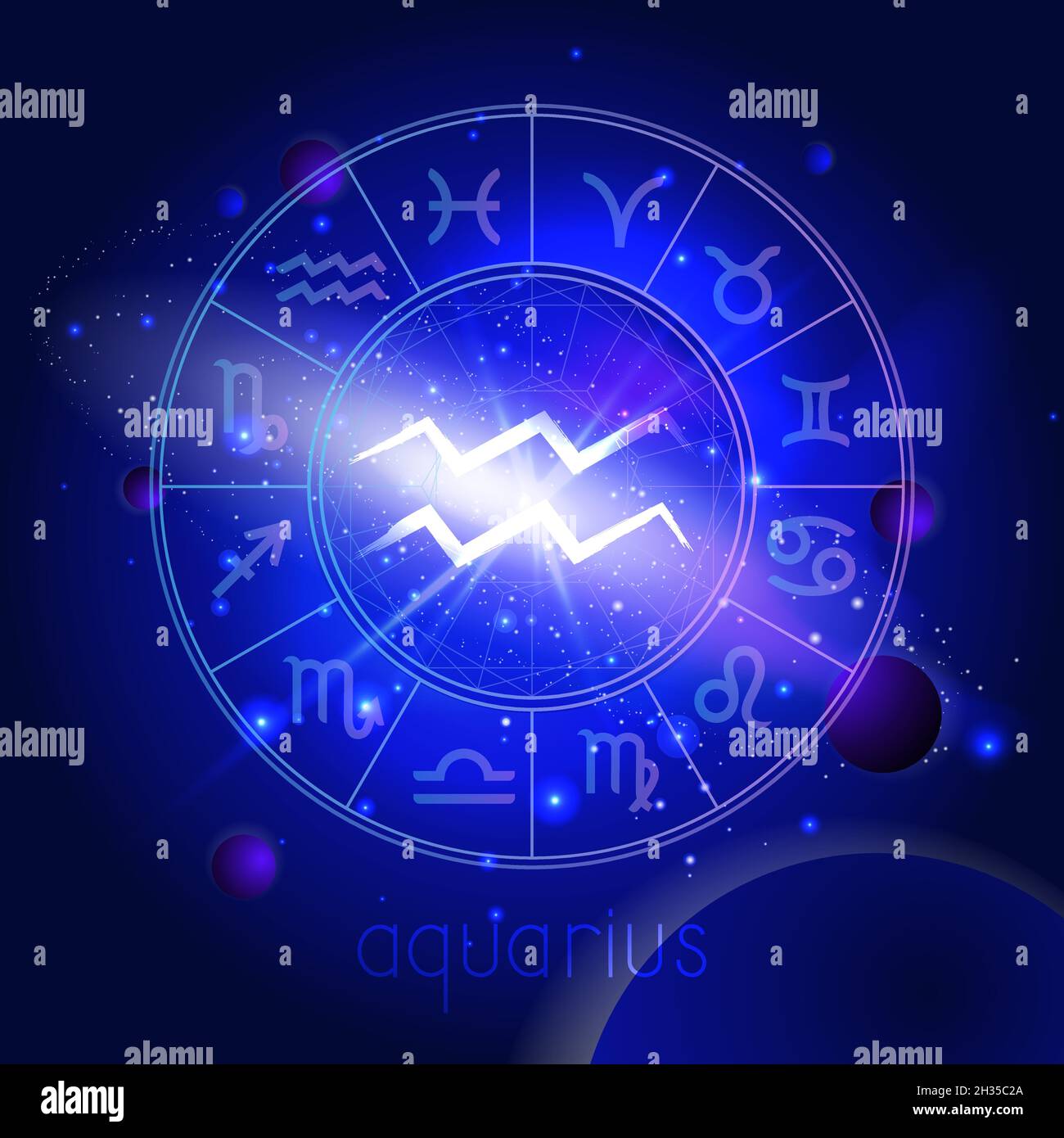Vector illustration of sign AQUARIUS with Horoscope circle against the ...