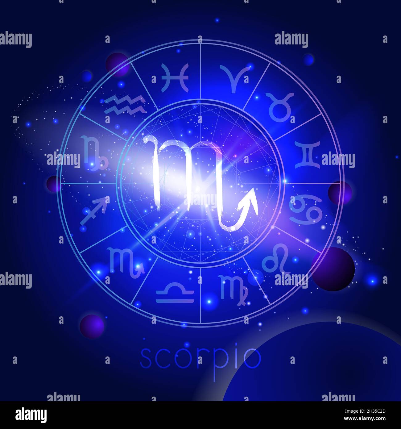 Vector illustration of sign SCORPIO with Horoscope circle against the space background with planets and stars. Sacred symbols in blue colors. Stock Vector