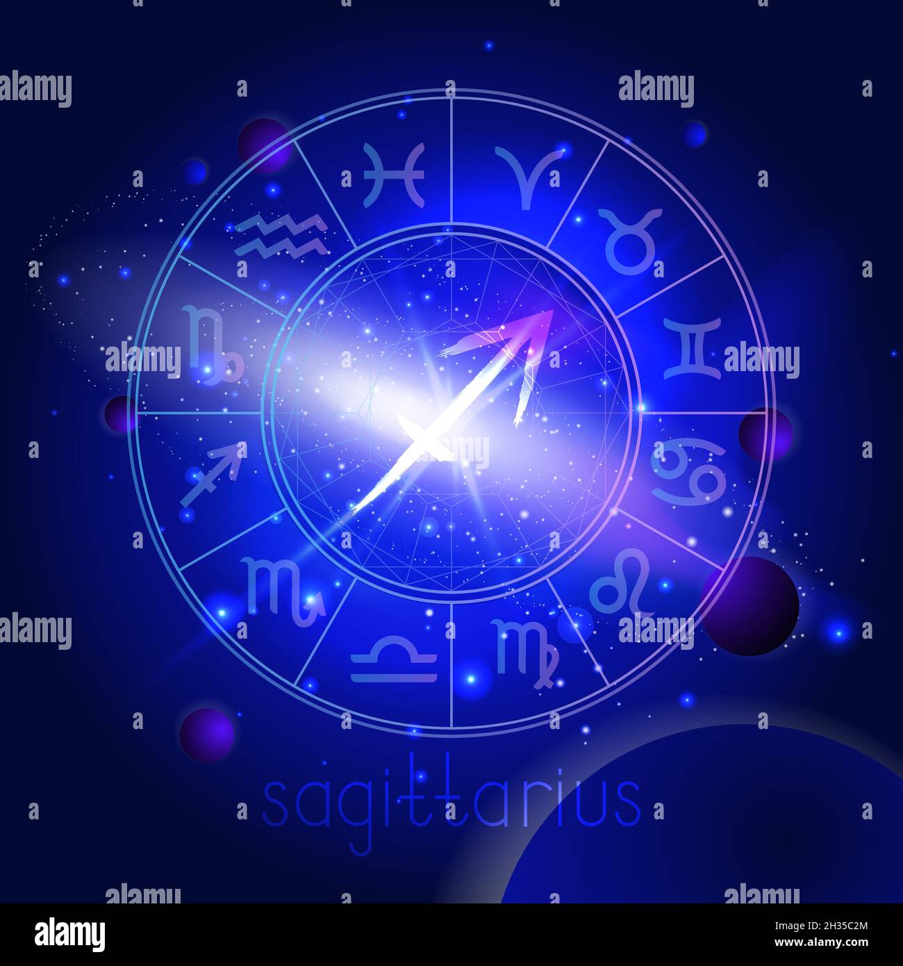Vector illustration of sign SAGITTARIUS with Horoscope circle against the space background with planets and stars. Sacred symbols in blue colors. Stock Vector