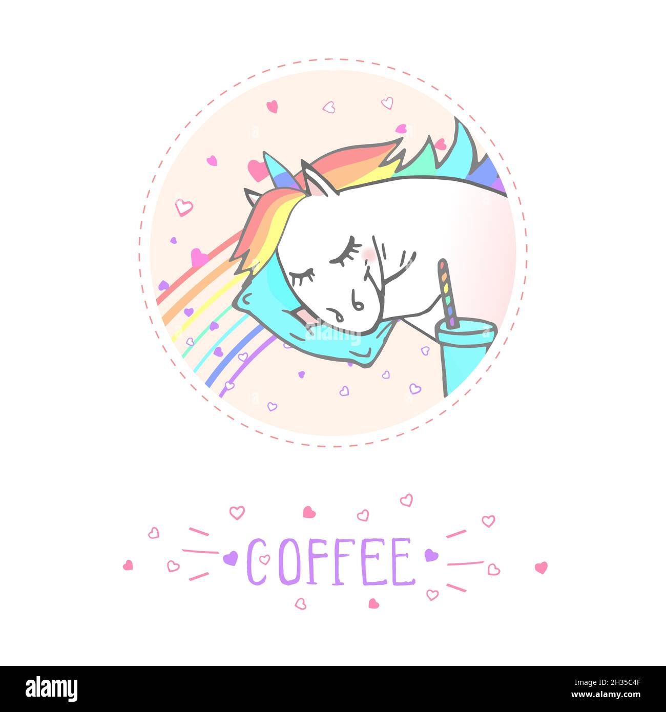 Vector sticker or icon with hand drawn sleeping unicorn and text - COFFEE on withe background. For your design. Cartoon style. Colored. Stock Vector