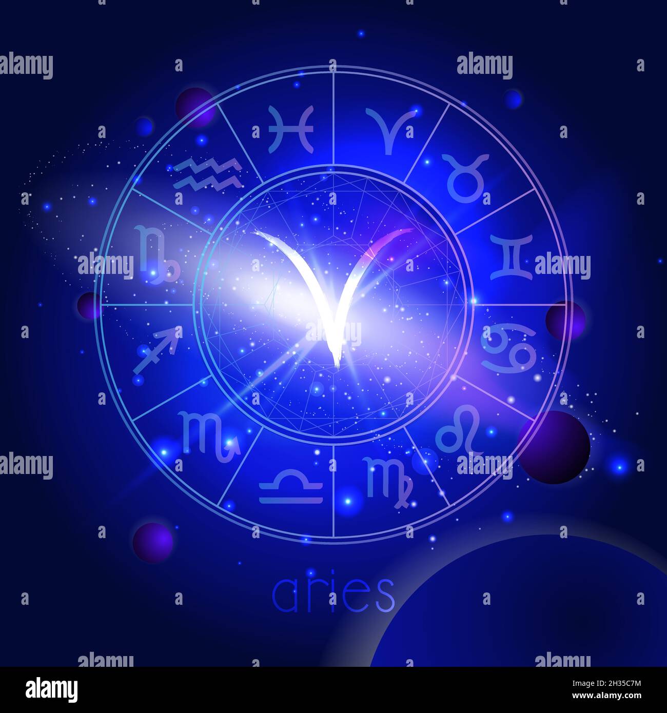 Vector illustration of sign ARIES with Horoscope circle against the space background with planets and stars. Sacred symbols in blue colors. Stock Vector