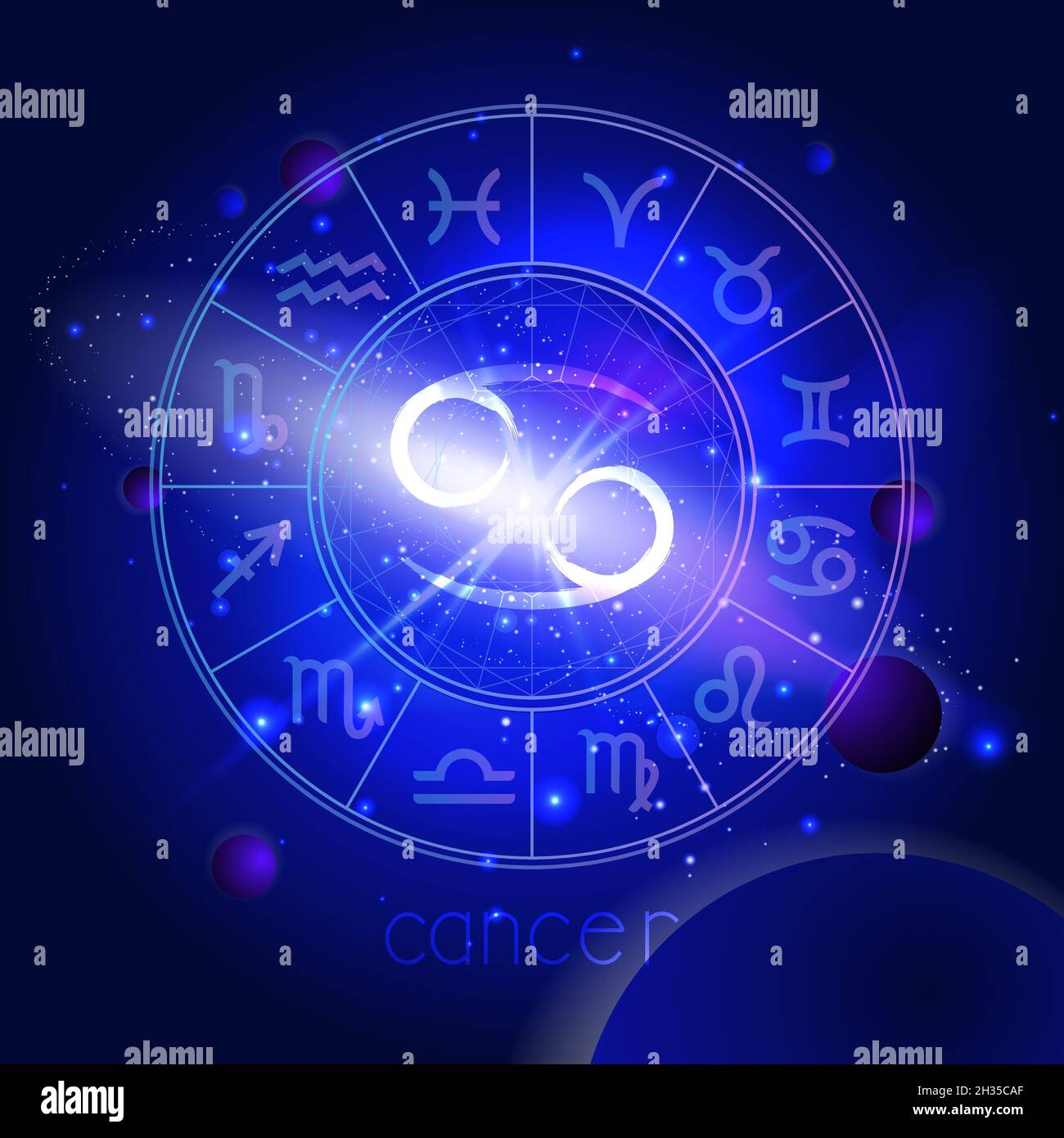 Vector illustration of sign CANCER with Horoscope circle against the space background with planets and stars. Sacred symbols in blue colors. Stock Vector