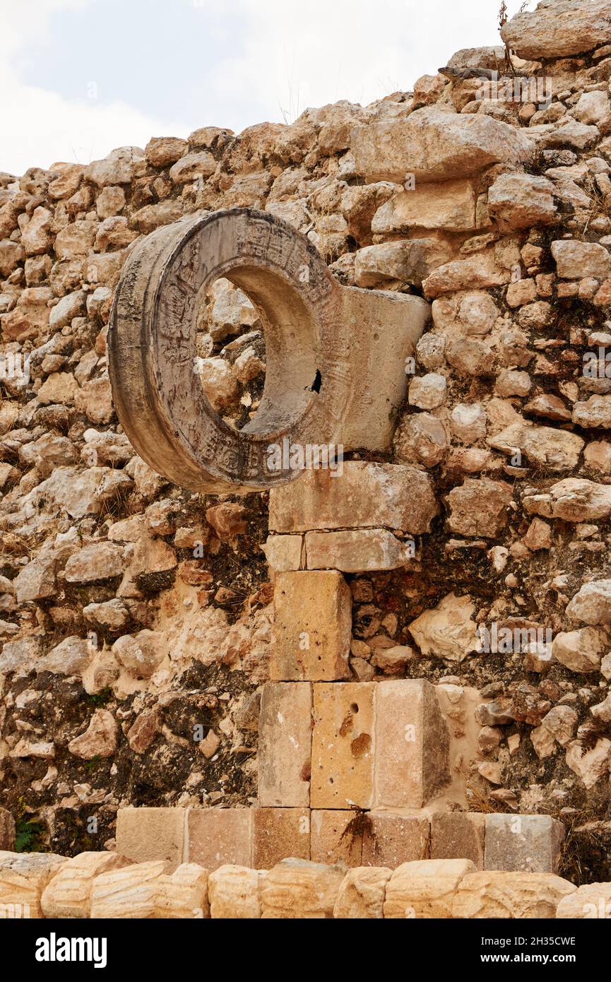 Closeup of Mayan stone ballcourt ring at the ruins of Uxmal, Yucatan, Mexico Stock Photo