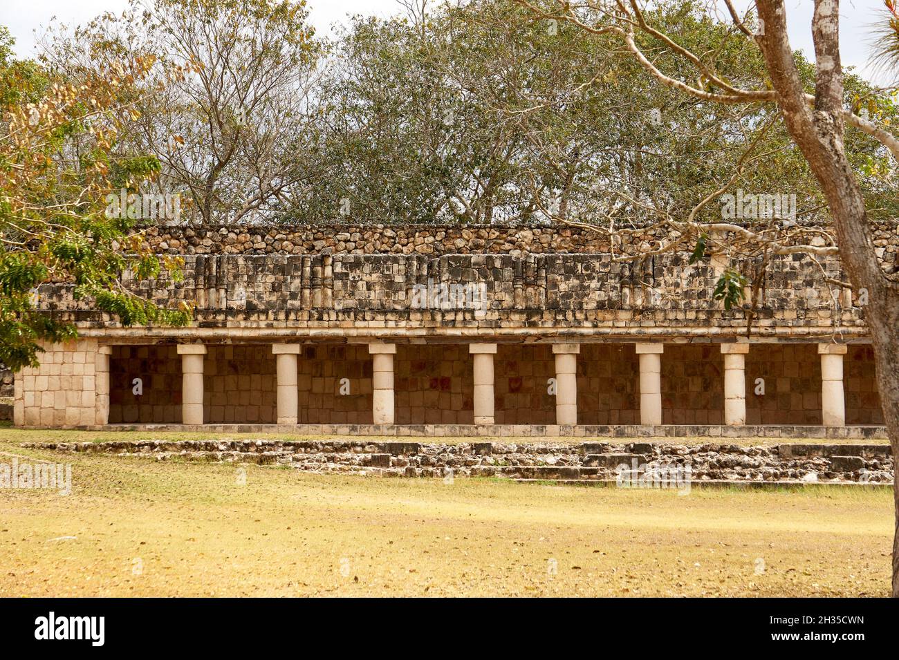 The Columns Building (East Portico) at the Mayan ruins of Uxmal, Yucatan, Mexico Stock Photo