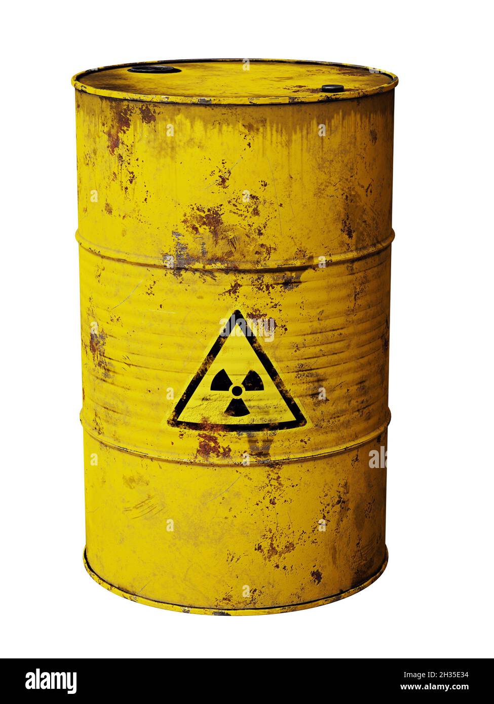 radioactive waste in rusty barrel, isolated on white background Stock Photo