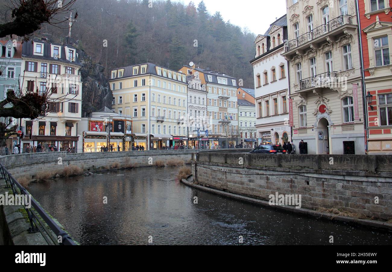 Tepla River in the resort area of the town, Karlovy Vary, Czech Republic Stock Photo