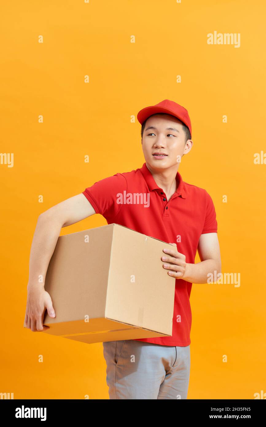 Mail man deliver package, shipping order from post man with red uniform
