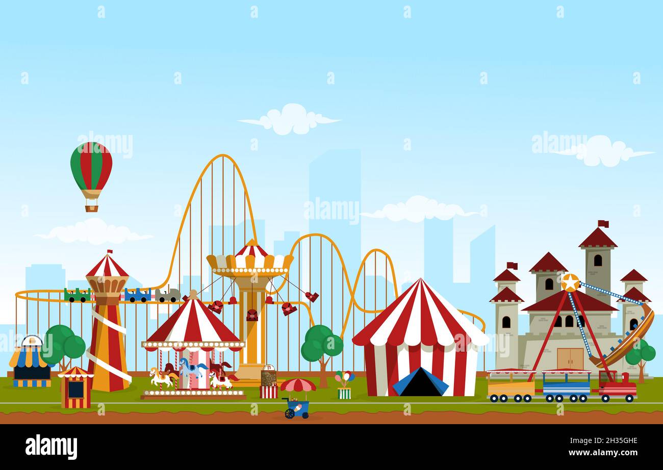 Amusement Park Rides Fun Fair Carnival Flat Vector Illustration Stock Vector