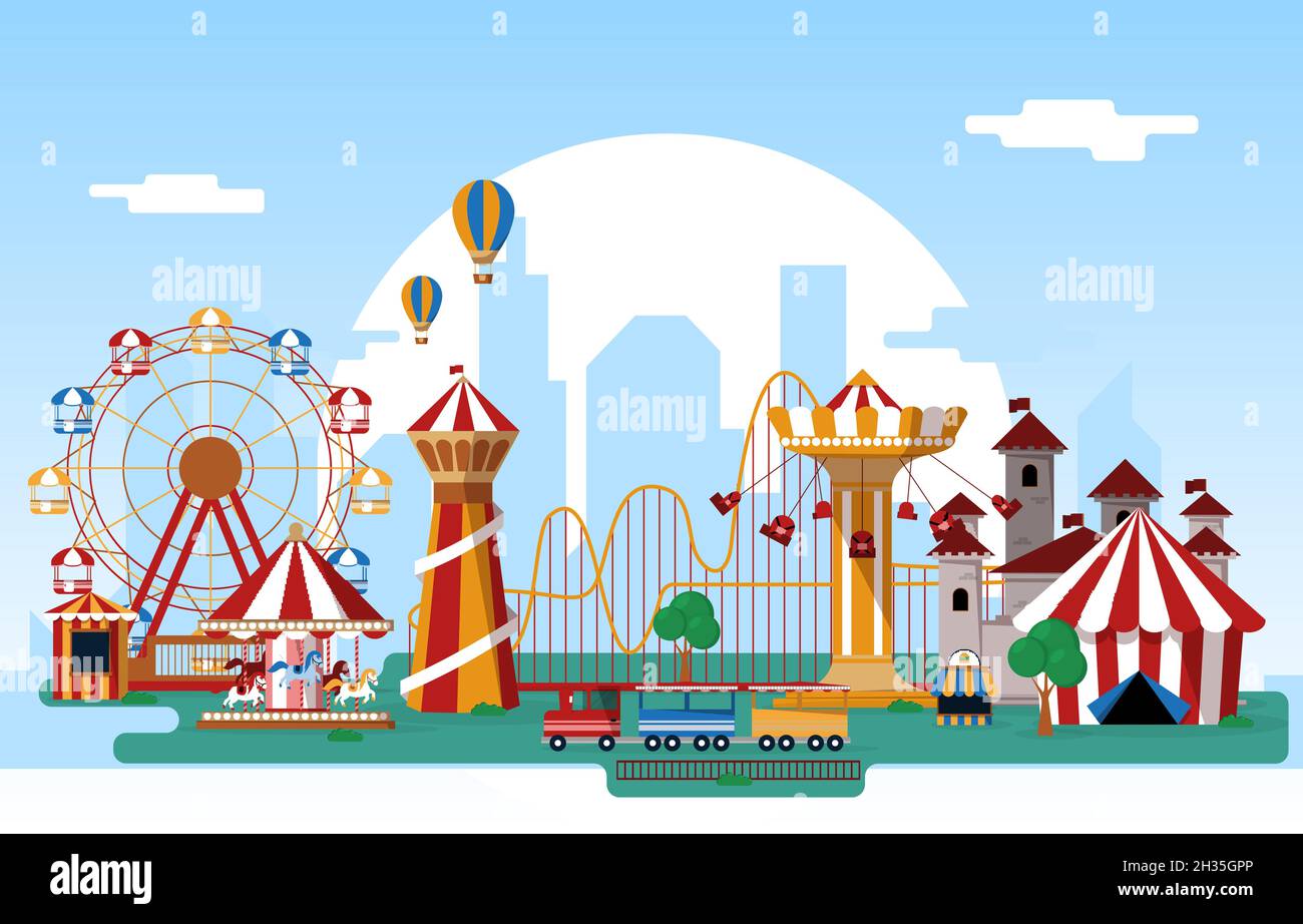 Sun Amusement Park Fun Fair Carnival Flat Vector Illustration Stock Vector