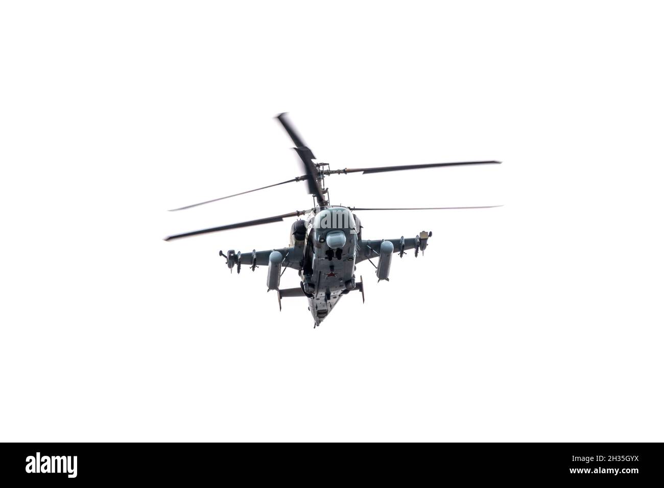 Moscow, Russia - May, 09, 2021: Ka-52 alligator reconnaissance and attack helicopter, Hokum B, in the sky over Moscow during the parade dedicated to a Stock Photo