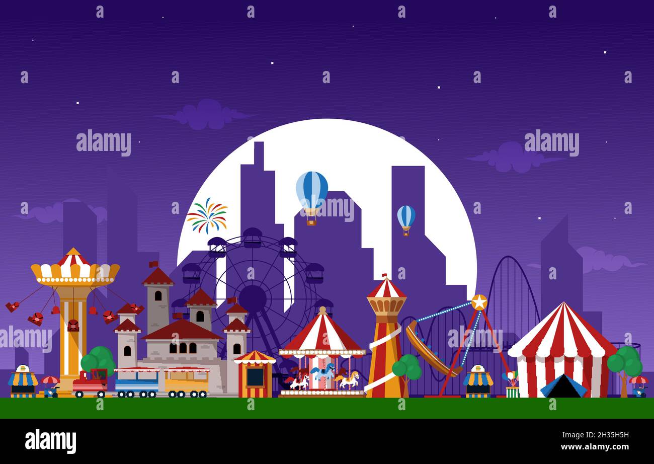 Moon Amusement Park Fun Fair Carnival Flat Vector Illustration Stock Vector