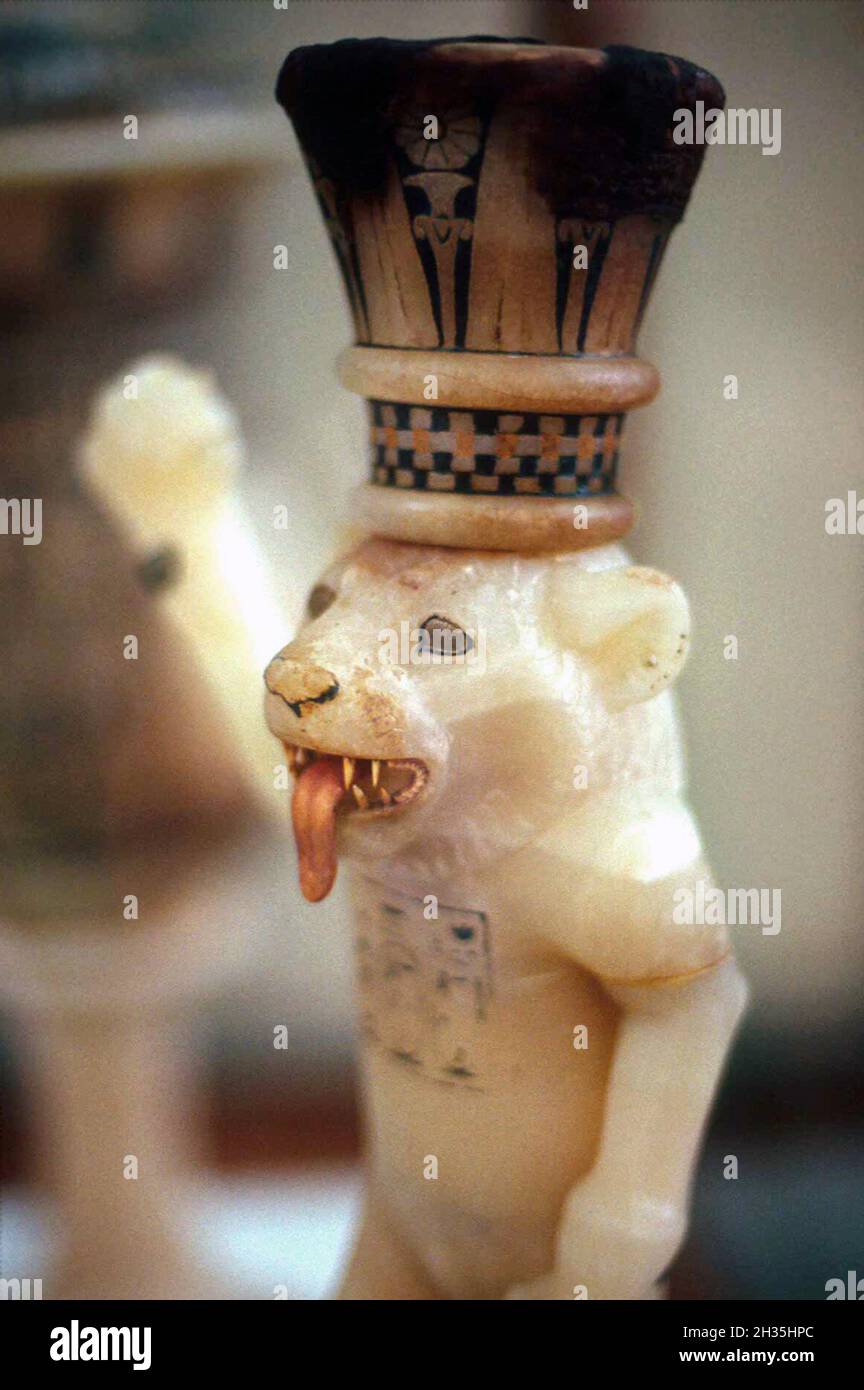 Alabaster vessel in the shape of a crowned lion from Tutenkhamun's tomb ...