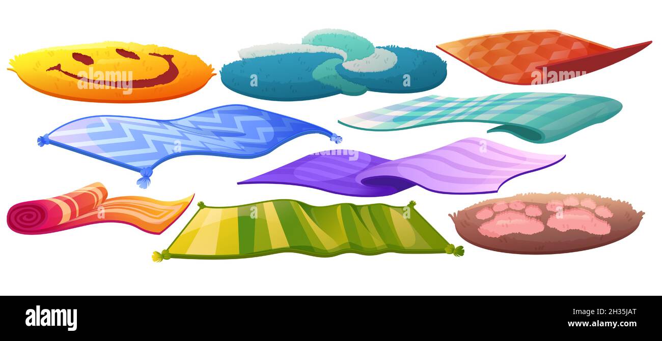 Set of carpets or rugs of different shapes, designs and colors. Floor ...