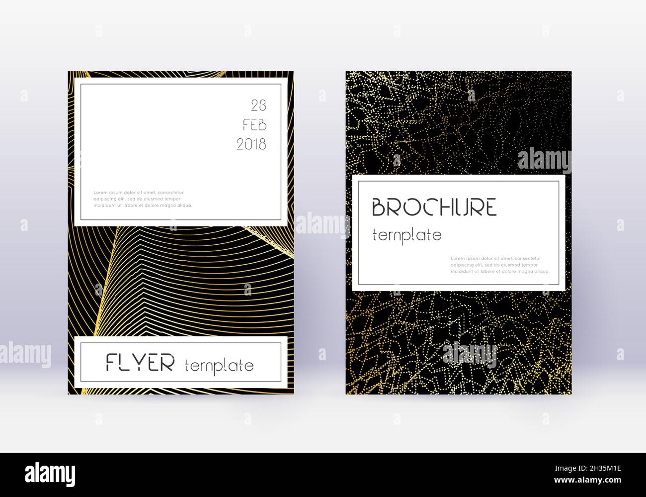 Stylish cover design template set. Gold abstract lines on black ...