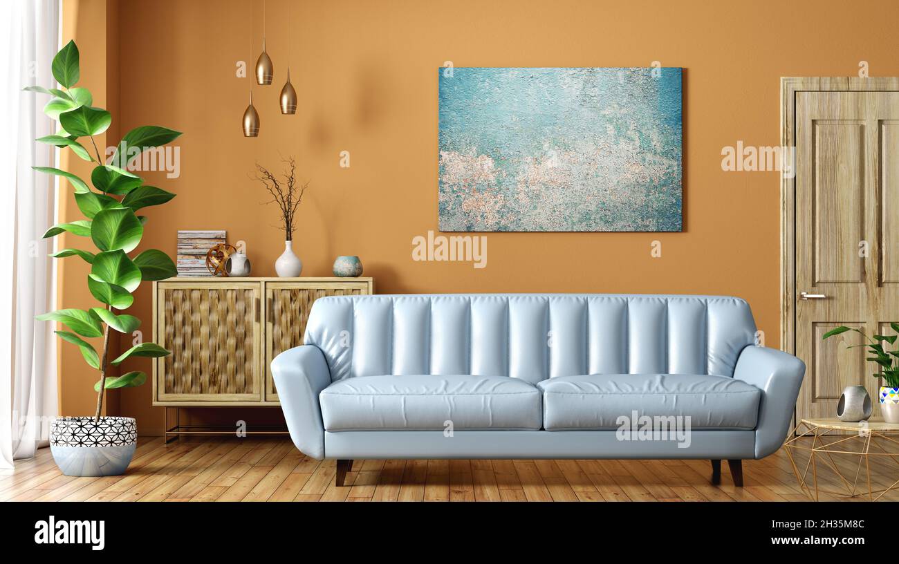 Modern interior of living room with blue leather sofa, wooden door and ...