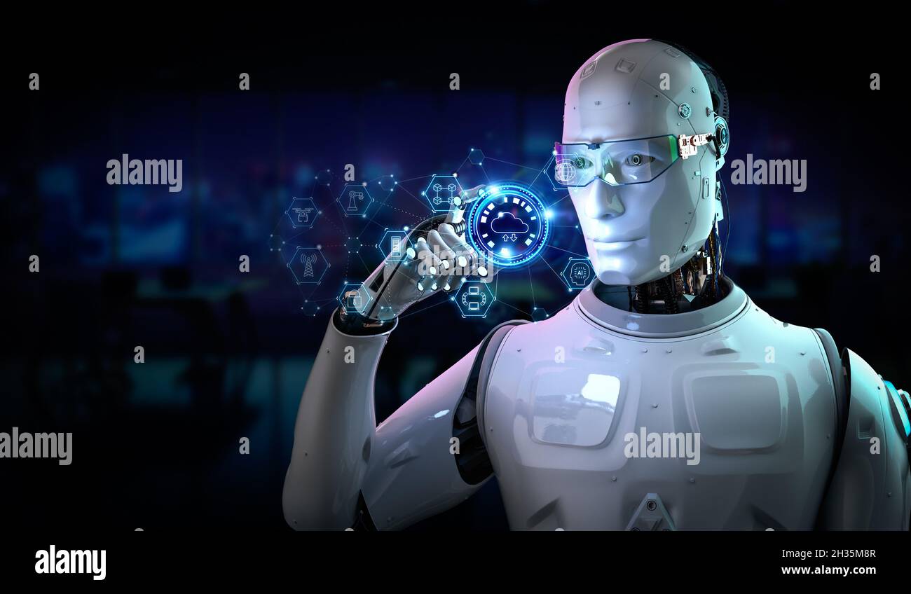 Cloud computing technology concept with 3d rendering robot with graphic ...