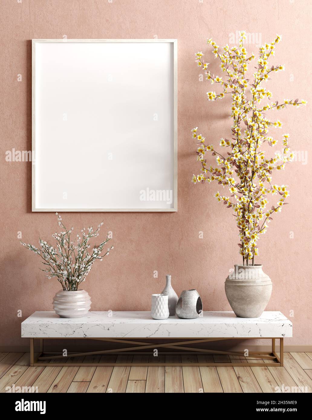 Modern interior of living room with wooden side table with vase with ...