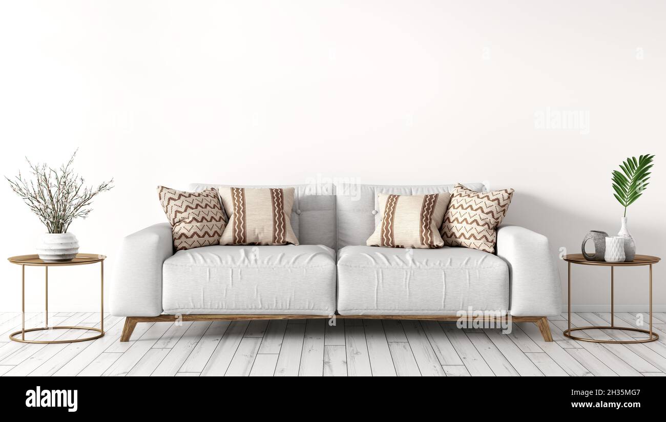 Modern interior design of living room with white sofa, coffee tables