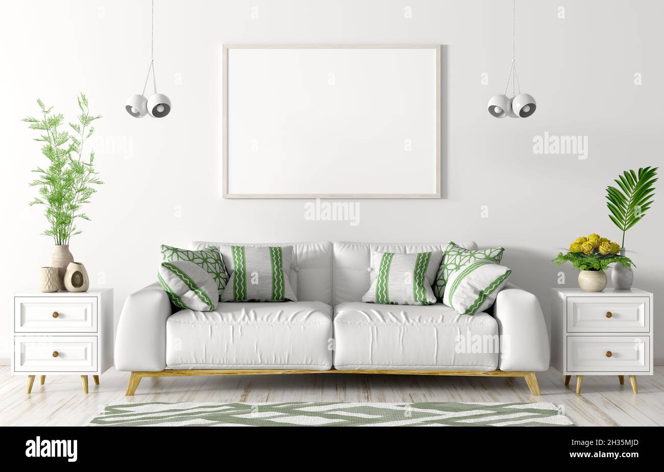 Modern interior of living room with white sofa, chests, poster and lights over white wall 3d