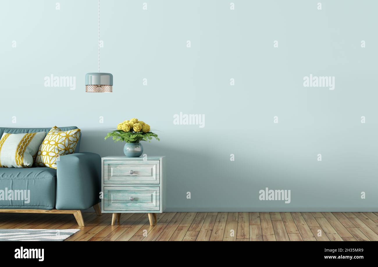 Modern interior of living room with blue sofa, chest and light 3d ...