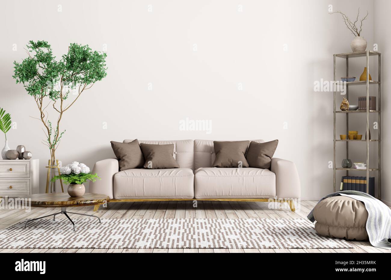 Modern interior of apartment, living room with beige sofa, coffee table