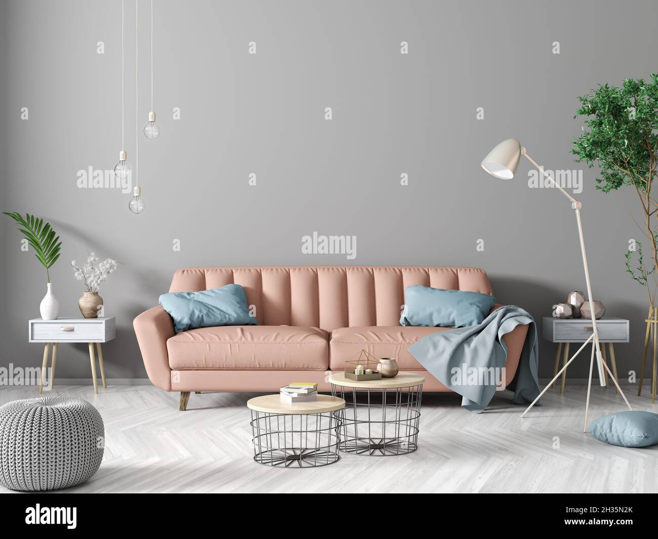 Modern interior design of apartment, living room with peach sofa