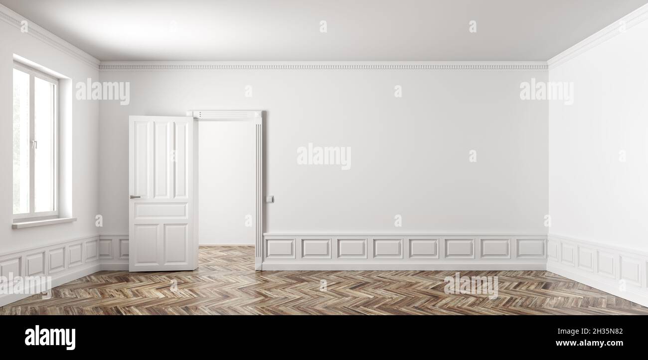 Classic interior of empty apartment with two rooms, living room with opened door, window, white walls with raised paneling and wooden parquet flooring Stock Photo