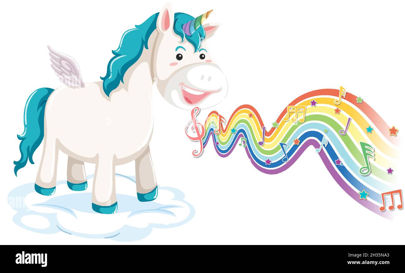 Unicorn standing on the cloud with melody symbols on rainbow wave ...