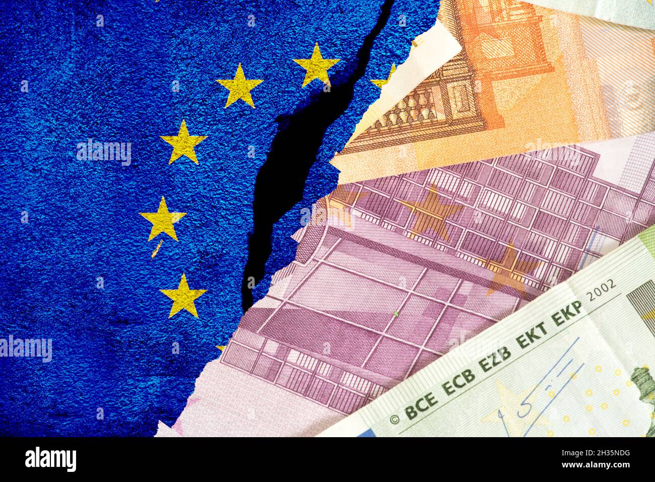European Union flag and Euro banknotes Stock Photo