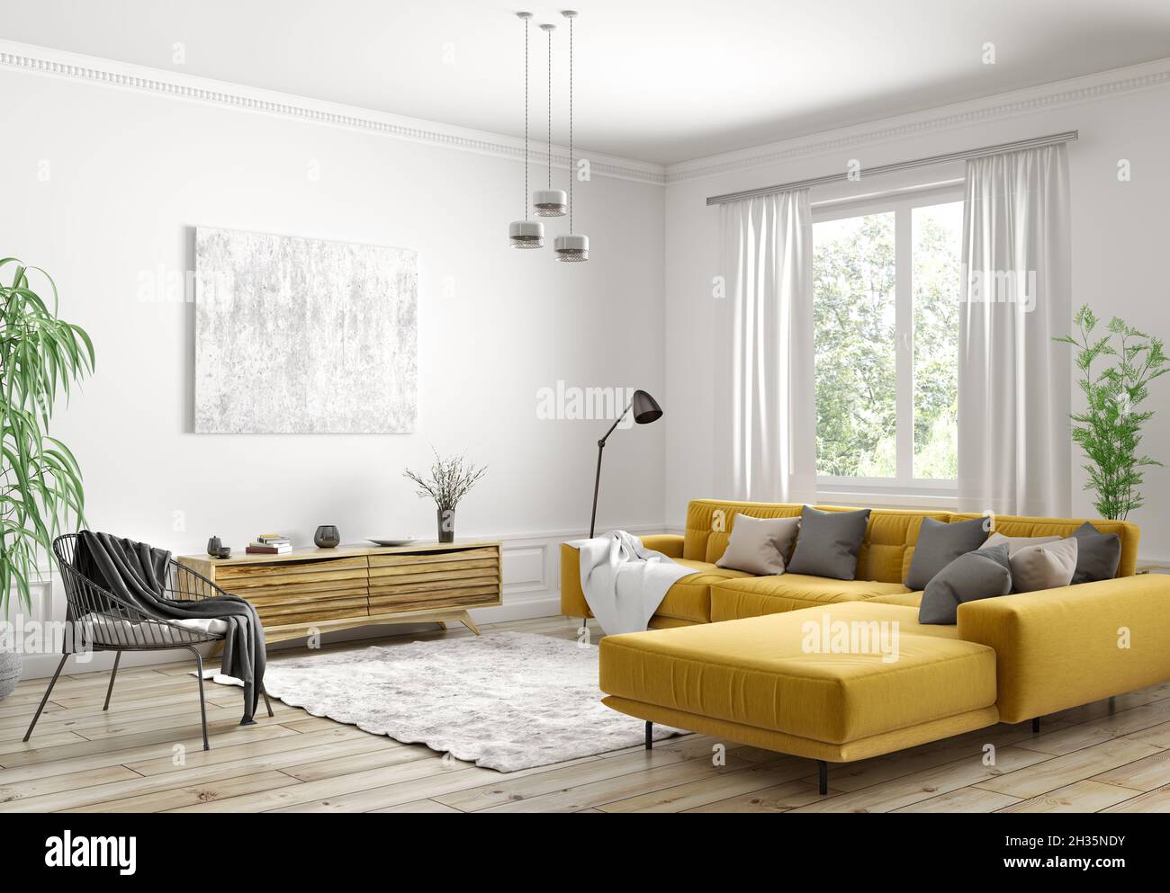 Modern interior design of scandinavian apartment, living room with yellow sofa, sideboard and black armchair 3d rendering Stock Photo