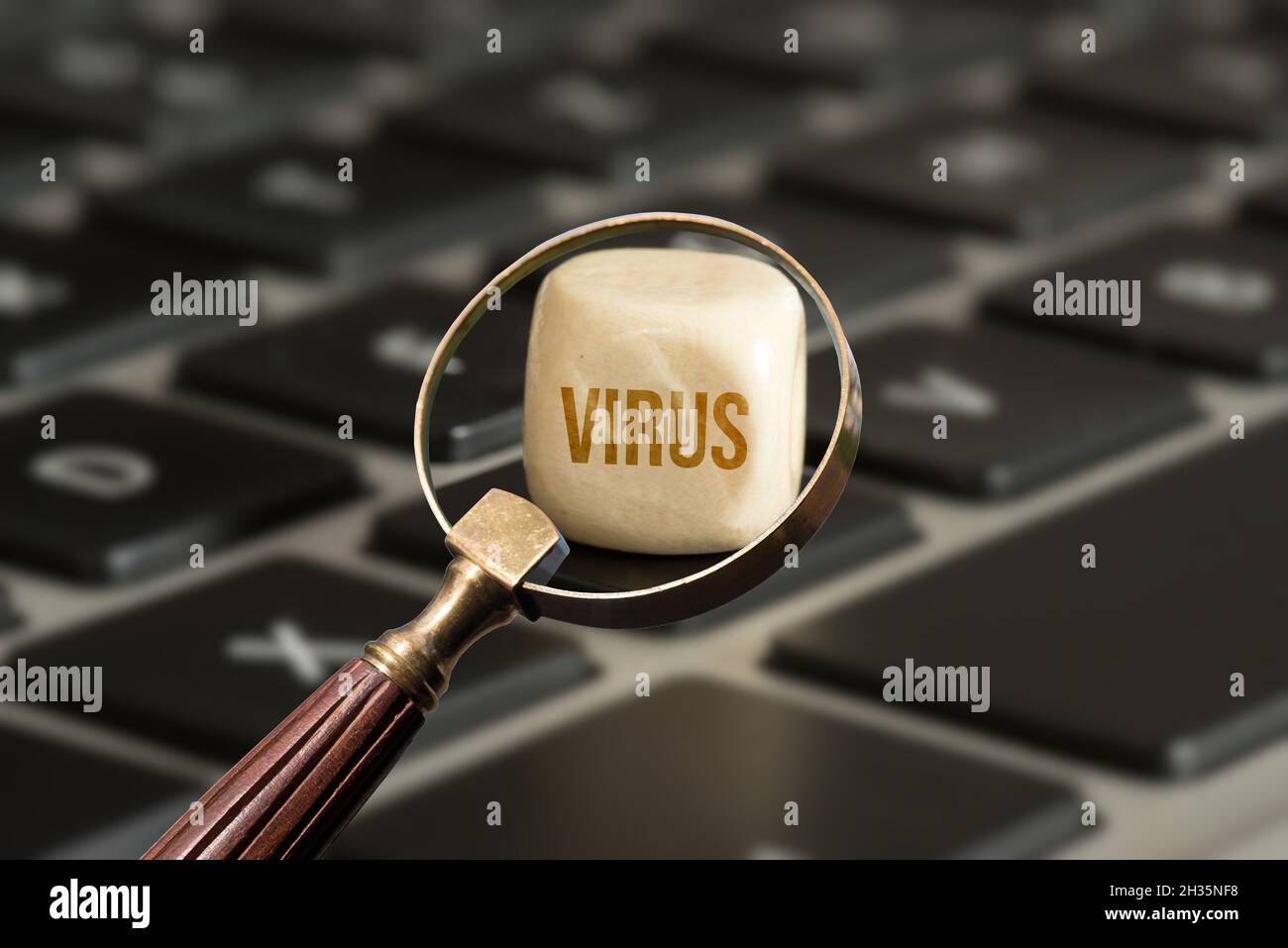 A computer, magnifying glass and virus Stock Photo