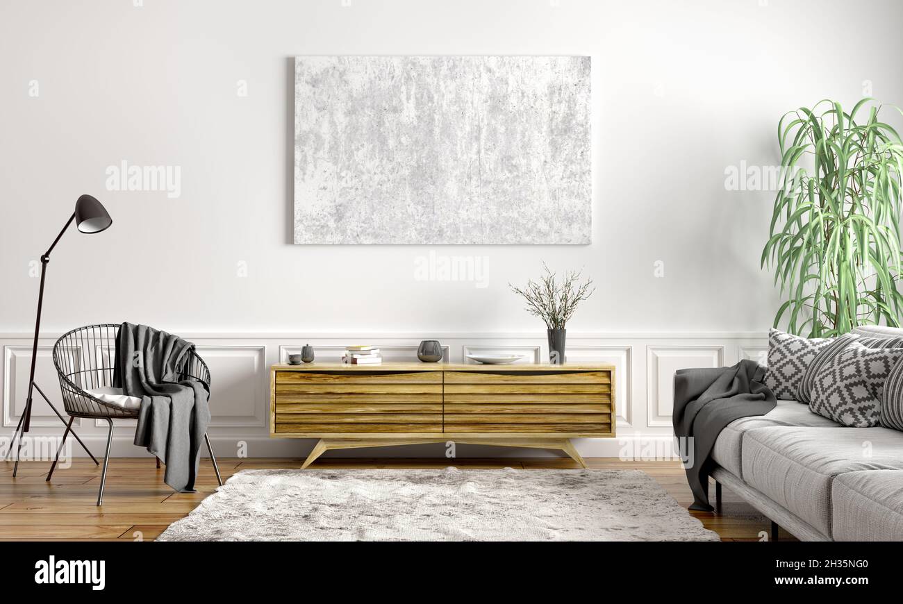 Modern interior design of scandinavian apartment, living room with grey ...