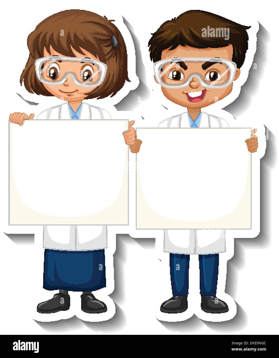 Scientist couple kids holding empty board cartoon character sticker ...