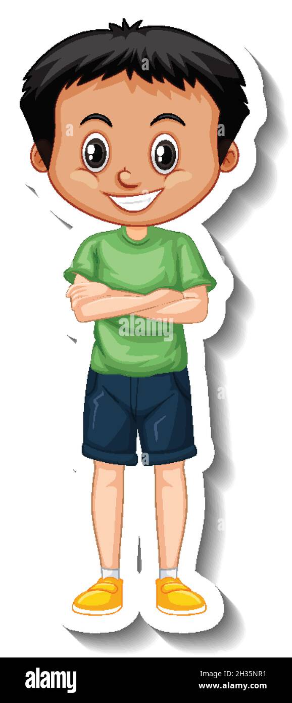A boy wears green t shirt cartoon character sticker illustration Stock ...